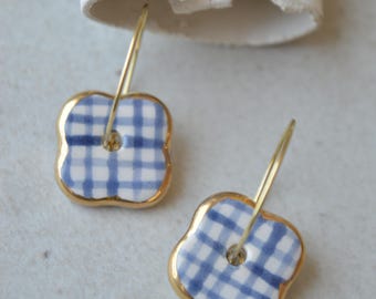 Checkered Ceramic Flower Earrings