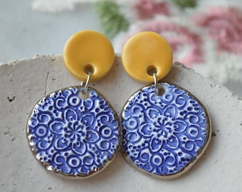 Handmade Ceramic Drop Earrings, Blue and Yellow, Surgical Steel