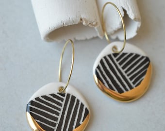 Elegant ceramic earrings: black and gold geometric drop earrings