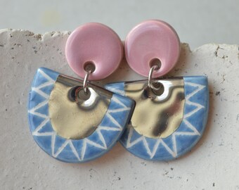 Handmade ceramic halfmoon earrings, blue and pink