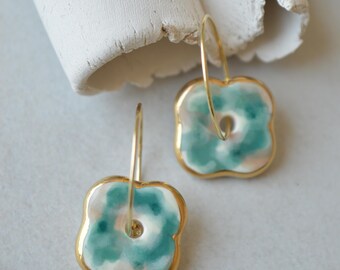 Handmade Ceramic Flower Earrings, Gold Plated Stainless Steel Hoops, Sea Colours