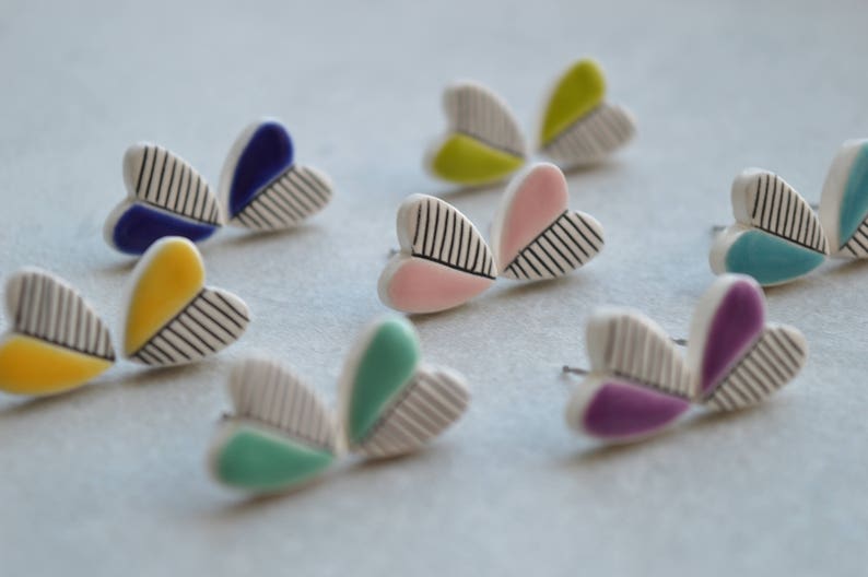 Heart stud earrings, geometric ceramic jewelry, teenage girl gift, Valentines day gift for her image 3