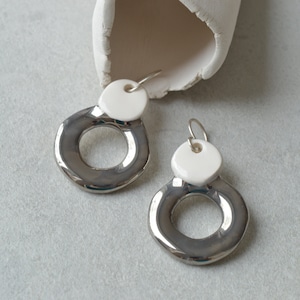 Silver and white ceramic drop earrings, handmade jewellery gifts for her