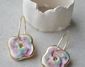 Handmade Ceramic Flower Earrings, Gold Plated Stainless Steel Hoops, Purple Colours