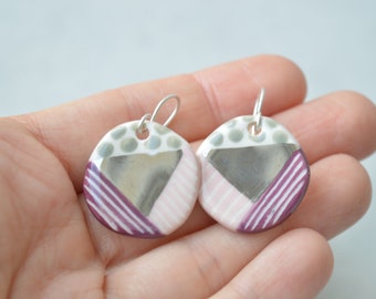 Handmade ceramic earrings in pink, purple and silver