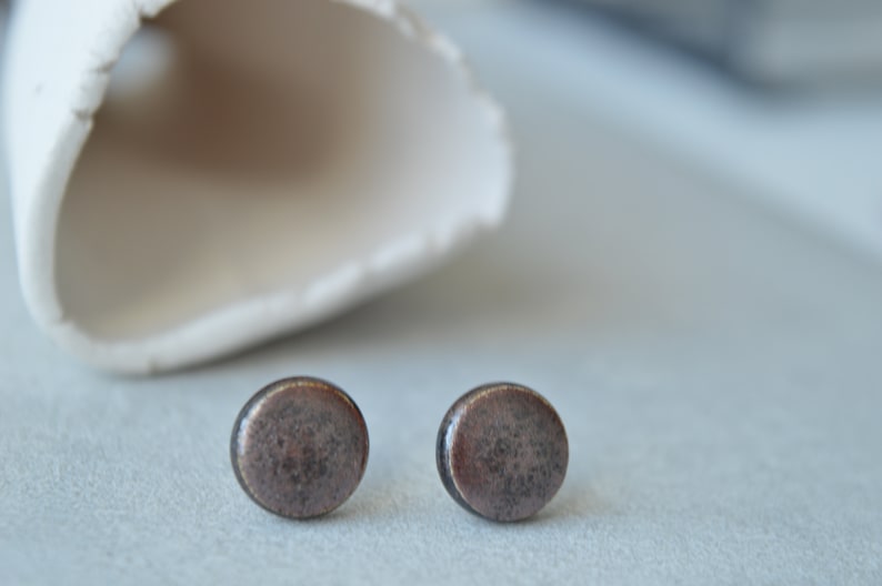 Copper gold ceramic stud earrings, small everyday circle ear studs, handmade jewellery gift for her image 5