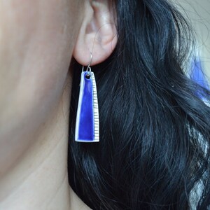 Ceramic drop earrings, royal blue earrings, geometric jewelry, abstract earrings, organic shape, sterling silver image 3
