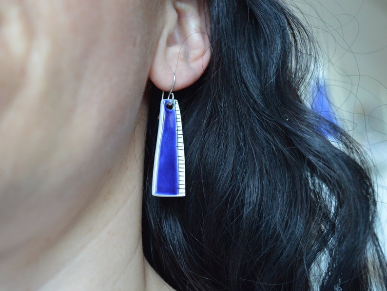 Ceramic drop earrings, royal blue earrings, geometric jewelry, abstract earrings, organic shape, sterling silver image 3