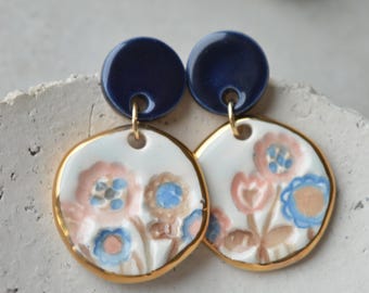 Floral Ceramic Drop Earrings, Gold Luster Rim, Handmade Jewelry