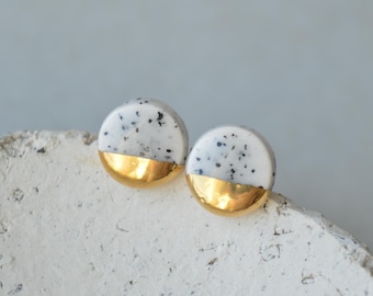 Speckled White Gold Ceramic Stud Earrings, Minimalist Round Post Jewellery