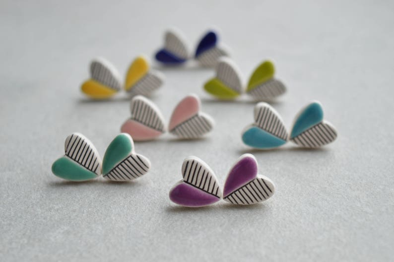 Heart stud earrings, geometric ceramic jewelry, teenage girl gift, Valentines day gift for her image 1