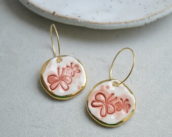 Butterfly earrings, cinnamon red ceramic earrings with gold rim, handmade jewelry gifts for mom