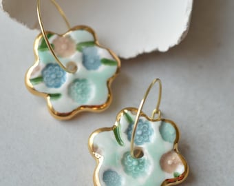 Floral ceramic earrings: turquoise and gold hoops