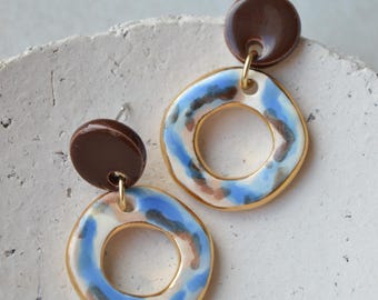 Handmade Cut Out Ceramic Drop Earrings, Sea Colours, Surgical Steel