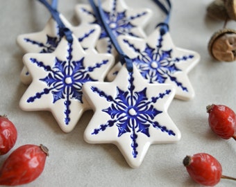 Ceramic Christmas ornaments, star ornaments, white decorations, gift tags, hostess gift, set of 5