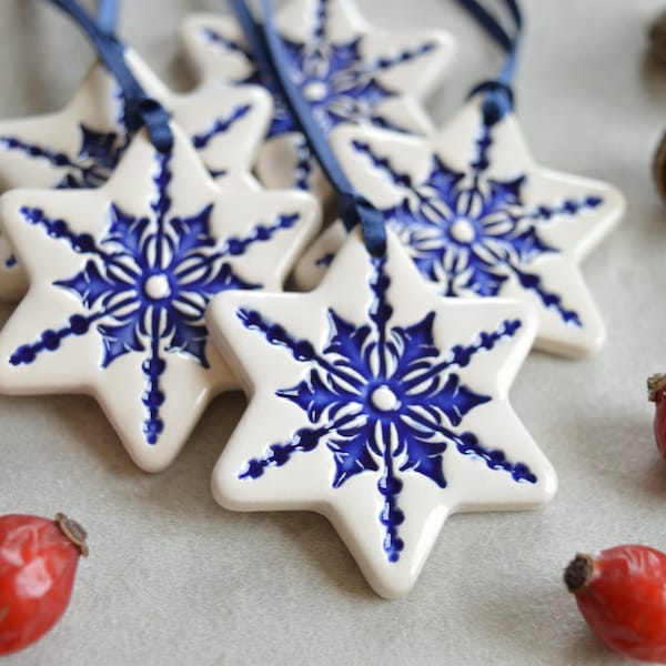 Ceramic Christmas ornaments, star ornaments, white decorations, gift tags, hostess gift, set of 5