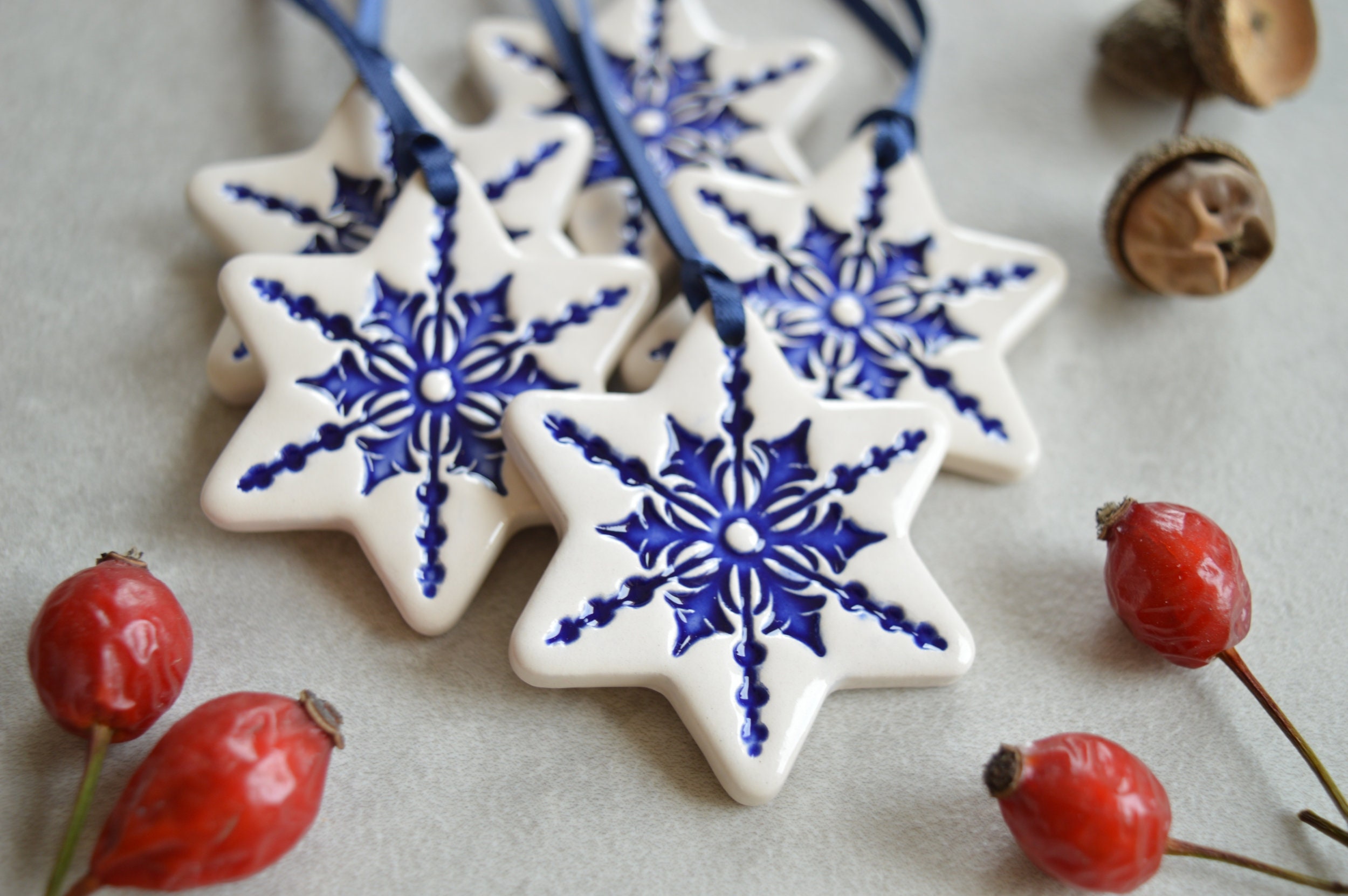 Ornements de Noël en Céramique, Ornements d'étoiles, Décorations Blanches, Étiquettes Cadeaux, Cadea