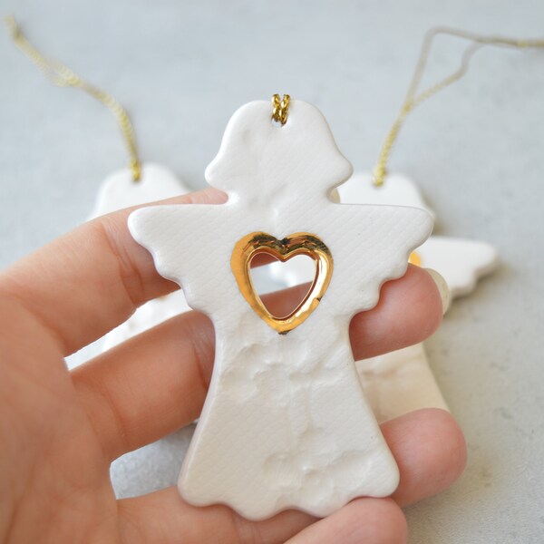 White angel ornament with gold, ceramic Christmas ornament, Christmas decorations, Secret Santa gift, stocking stuffer