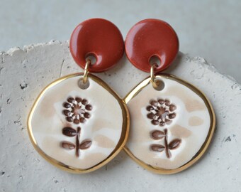 Handmade Ceramic Dandelion Earrings, Brown and Gold, Surgical Steel