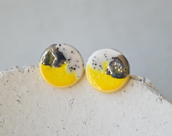 Yellow ceramic stud earrings, handmade circle studs, artisan jewellery