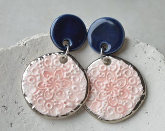 Handmade Floral Ceramic Drop Earrings, PInk and Navy Bue, Surgical Steel