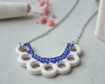 Frilly necklace, small ceramic necklace, blue and white necklace, handmade jewellery gift for her