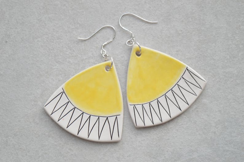 Yellow statement earrings, geometric color block earrings, modern ceramic jewellery for summer image 2