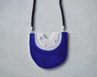 Chunky everyday statement necklace, long royal blue geometric necklace, ceramic jewelry