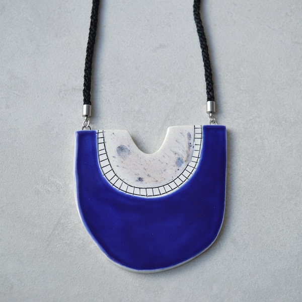 Chunky everyday statement necklace, long royal blue geometric necklace, ceramic jewelry