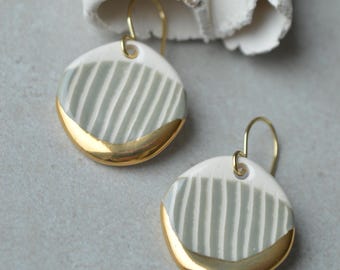Ceramic drop earrings with grey geometric pattern, handmade jewellery gifts for her