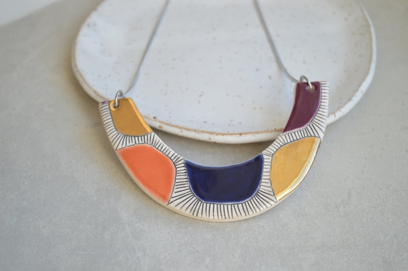 Colorblock statement necklace, handmade geometric ceramic jewelry, Christmas gifts for her image 2