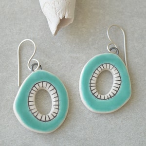 Turquoise small hoop earrings, everyday drop earrings, geometric ceramic jewelry for women