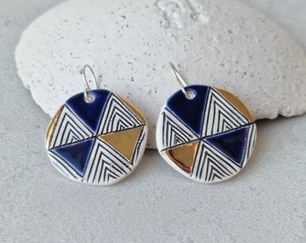 Ceramic statement earrings with geometric pattern, handmade jewellery