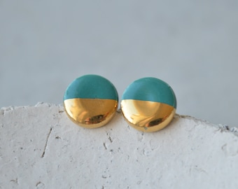 Teal blue and gold ceramic stud earrings, round post earrings, minimalist handmade ceramic jewellery