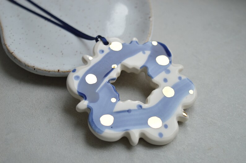 Ceramic snowflake ornaments, Christmas decoration, blue white gold star image 4