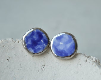 Royal blue bubble earrings with silver rim, everyday stud earrings, handmade ceramic jewellery