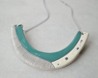 Geometric statement necklace, handmade ceramic jewelry, teal blue necklace, gifts for her
