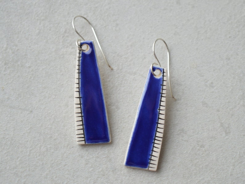 Ceramic drop earrings, royal blue earrings, geometric jewelry, abstract earrings, organic shape, sterling silver image 1