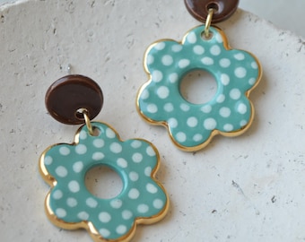 Handmade Ceramic Floral Earrings, Teal Blue, Brown, Gold Polka Dot Jewelry