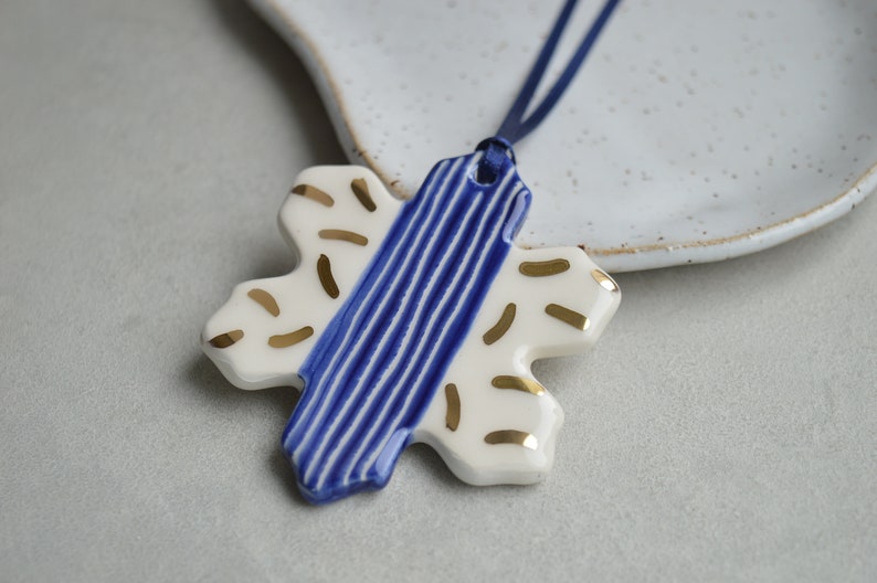 Ceramic snowflake ornaments, Christmas decoration, blue white gold star image 3