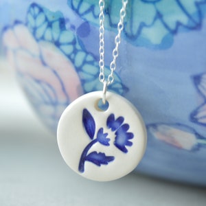 Tulip necklace sterling silver, royal blue necklace, ceramic pendant necklace, delft blue jewelry