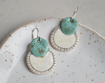 Statement earrings with yellow sun, artisan ceramic earrings, handmade geometric jewellery