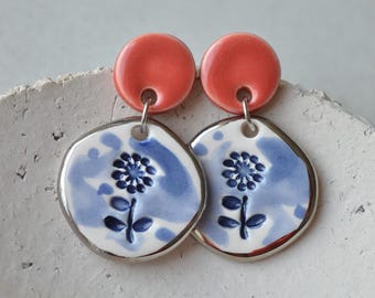 Handmade Ceramic Dandelion Earrings, Blue and Red, Surgical Steel