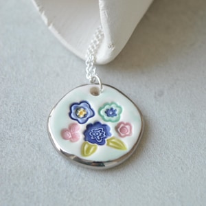 Floral ceramic pendant on Sterling silver chain, handmade necklace, Christmas jewellery gift for her