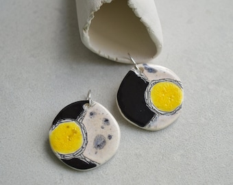 Statement earrings with yellow sun, artisan ceramic earrings, handmade geometric jewellery