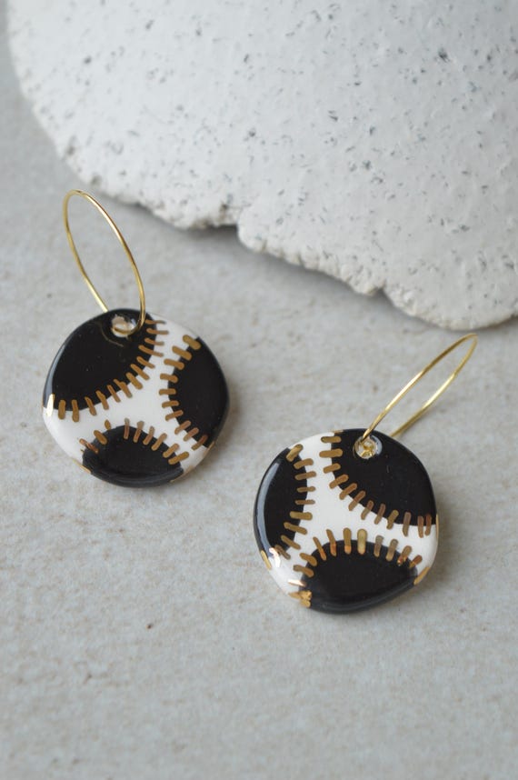 Ceramic Hoop Earrings in Black, White and Gold, Handmade Dangle