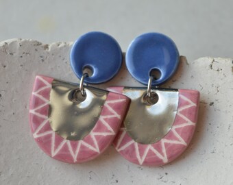 Handmade ceramic semicircle earrings, blue and pink