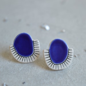 Minimalist stud earrings, royal blue earrings, ceramic jewelry, organic geometric post earrings