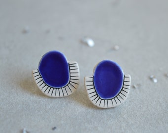 Minimalist stud earrings, royal blue earrings, ceramic jewelry, organic geometric post earrings
