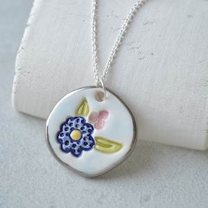 Floral ceramic pendant on Sterling silver chain, handmade necklace, Christmas jewellery gift for her